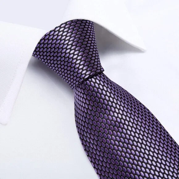 🆕Men Purple Plaid Silk Checkered Necktie Pocket Square Cufflinks Tie Clip Set